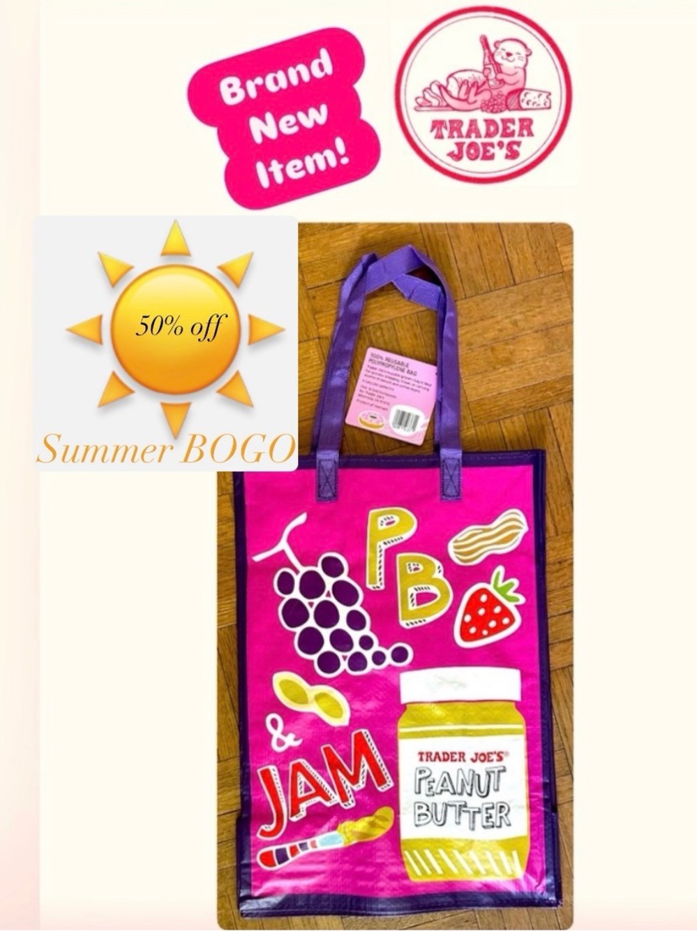 ☀️NWT Trader Joe's “Comfort Foods” Full Size Shopping Tote Bag